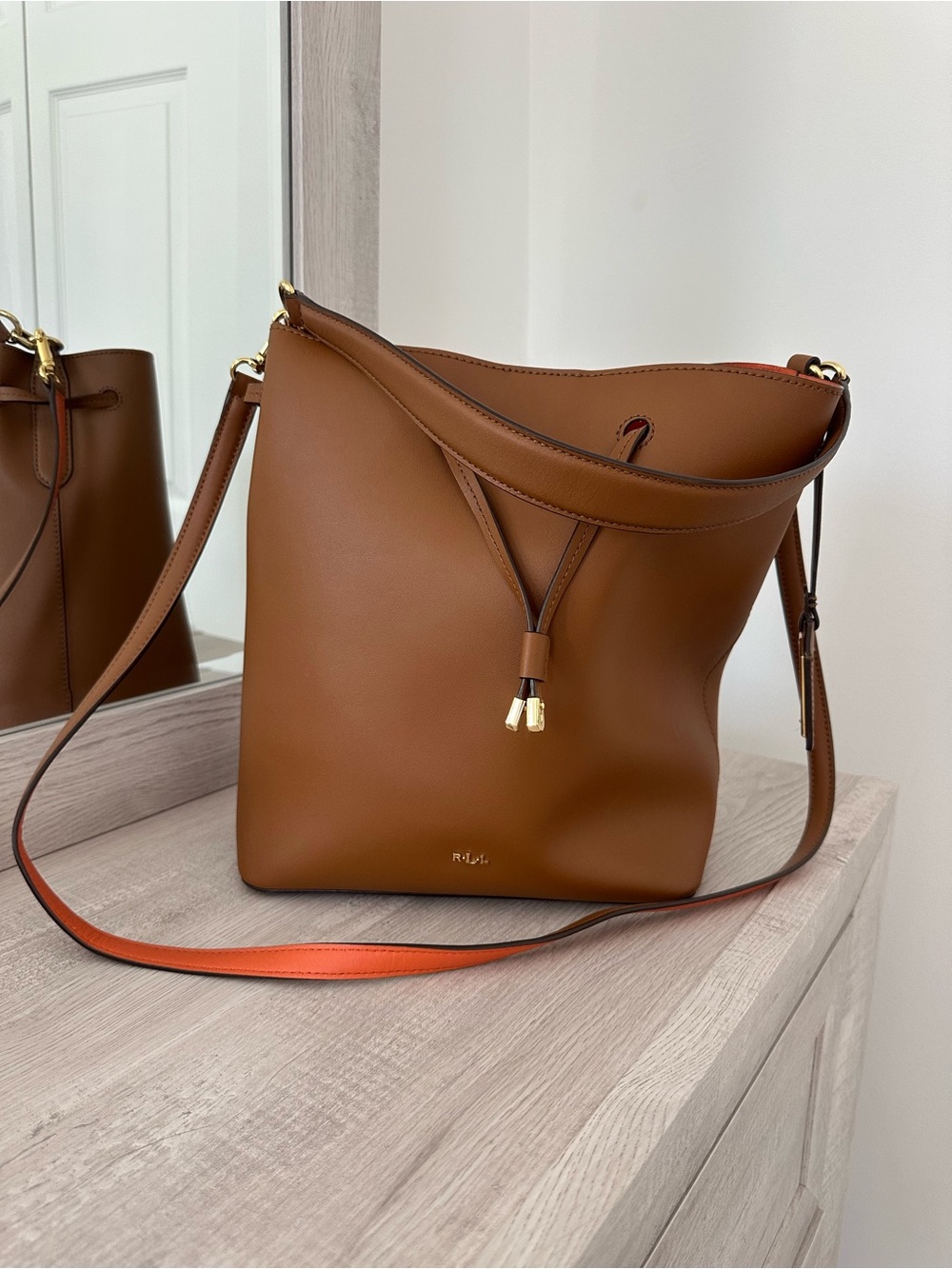 Ralph Lauren Cognac Leather Drawstring Shoulder Bag